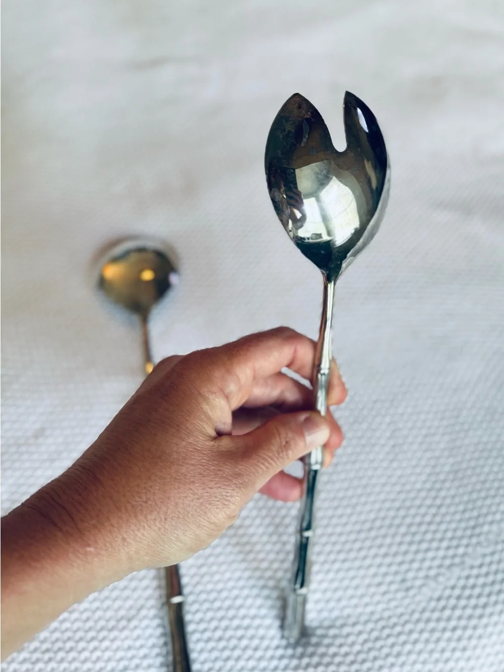VINTAGE Silver Bamboo Handle Salad Serving Spoons Utensils Made in ITALY